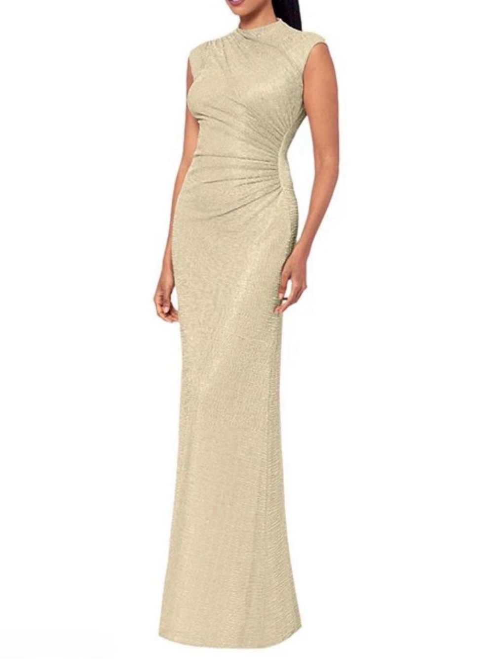 Betsy & Adam Shimmery Gold Cap-Sleeve Evening Gown